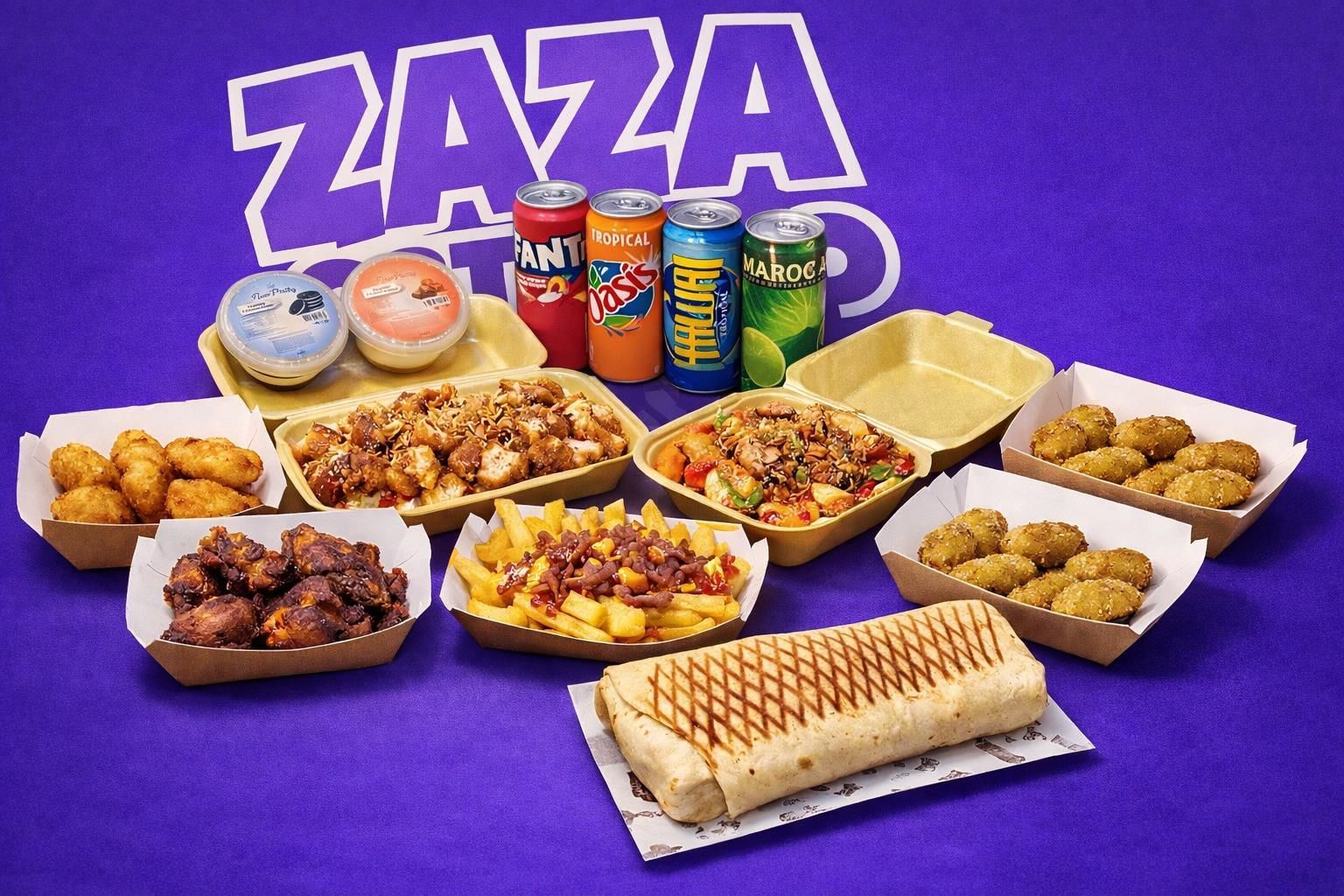 Tacos, Crousty y bebidas de ZazaStop sobre fondo morado